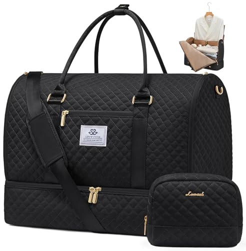 LOVEVOOK Convertible Garment Bag for Travel with Shoe Pouch, Carry On Garment Duffel Bag with Toiletry Bag, 2 in 1 Hanging Suitcase Suit Bag, Waterproof Weekender Bag for Women Travel, Wedding, Black