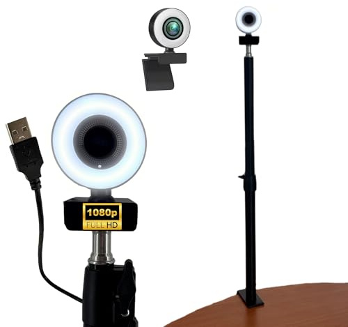 TronicXL Webcam autofocus avec lampe annulaire + trépied de serrage - Support de table Full HD 1920 x 1080p - 2 microphones stéréo - Réduction du bruit - Pour ordinateur, PC, ordinateur portable pour