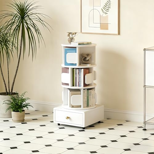 Esspoxi Torre de Almacenamiento Giratoria de Madera Maciza, Librería Vertical Redonda con Ruedas Y Cajonera Inferior, Estante Estrecho para Rincones, Salón y Estudio(Blanco,3-Tier)