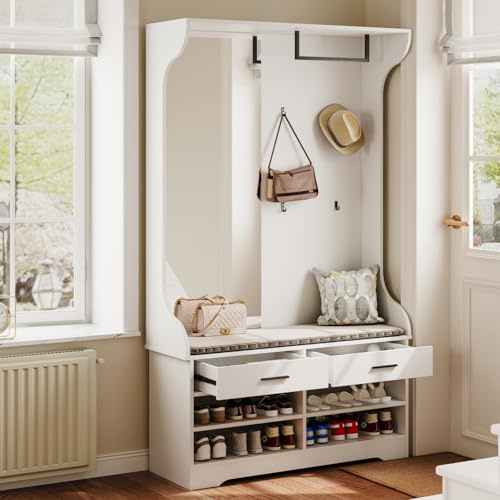 ZHDOKA Vestiaire D'entrée avec Miroir,Ensemble de Vestiaire avec Banc et étagère à Chaussures,Porte-Manteau avec 4 Crochets Suspendus et Espace de Rangement,Meuble d'Entrée (104x35x180cm)