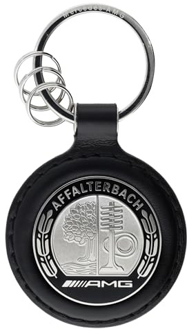 AMG Schlüsselanhänger, Affalterbach, Unisex, Schwarz, Leder, Metallplakette mit Affalterbach Wappen, Rautenlogo Prägung, Edelstahl-Spaltring
