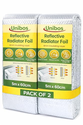 Unibos | 2X Radiator Foil Reflector Roll 5m x 60cm – Heat Reflective Radiator Foil Panels & Insulation Sheet for Behind Radiators – Energy Saving Thermal Radiator Insulation with Sticky Pads (2)