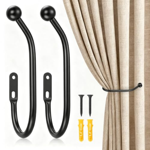 Romon 2 Piezas Ganchos Cortinas Negro, Sujeta Cortinas De Aleación De Aluminio – Recoge Cortinas para Perchero, Gancho De Pared, Tirador De Puerta (18,5x10cm)