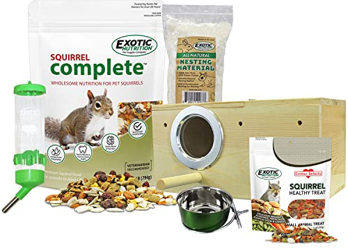 Exotic Nutrition Starter Package for Squirrels - Includes Healthy Food, Nest Box, Nesting Material, Natural Treat, Water Bottle & Food Dish