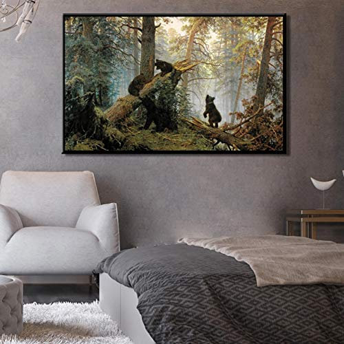 N / A Dekorative Drucke aus Leinwand Moderne Tiere Plakate und Drucke Wandkunst Leinwand Malerei Hirsch und Bären im Wald Bilder für Wohnzimmer Wand Wohnkultur-60x80cm