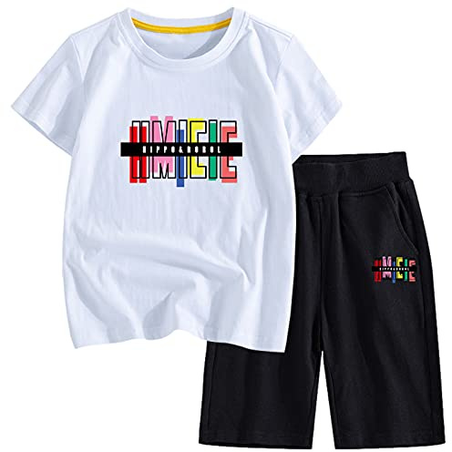 amropi Ragazzi Maglietta e Pantaloncini 2 Pezzi Bambino Set Completo T-Shirt con Pantaloncino Bianco Nero, 10-11 Anni