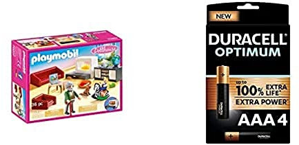 Playmobil - Salon avec Cheminée - 70207 + Duracell - Nouveau Piles alcalines AAA Optimum, 1.5 V LR03 MX2400, Paquet de 4