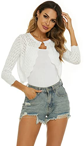 Ietaoo Boléro Femme Gilet Cardigan Court Elégant Manches 3/4 Gilet Boléro Tricot Léger Veste Boléro pour Robe