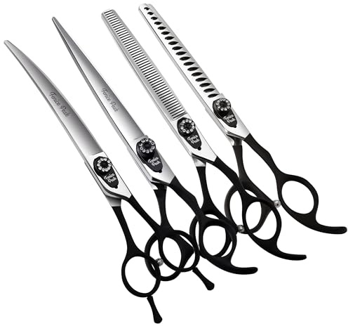 Fenice Peak 7.5'' Professional Dog Grooming Scissors Set with Black Non-Slip Handle 440C Stainless Steel Straight Thinning Curved Chunker Shears 4pcs Set for Pet Grooming Services