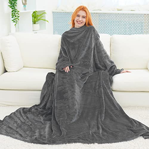 FARFALLAROSSA BataManta Mujer Polar Hombre Otoño Invierno, Manta con Mangas y Bolsillos Frontal, Blanket de Tejido Felpa Suave y Acogedor Gris Claro 170x200 cm