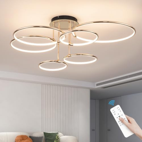 LED Deckenleuchte Modern Design Deckenlampen Gold 6-Ring Lampen Dimmbar Wohnzimmerlampe mit Fernbedienung, Aluminium Led Beleuchtung für Wohnzimmer Schlafzimmer Küche Esszimmer Büro 104cm, 140W…