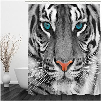 Whoiy Duschvorhang Polyester Schwer, Duschvorhang Eckbadewanne 165X180cm Badegardinen Tiger Schwarz Weiß Grau Waschbar Wasserdicht