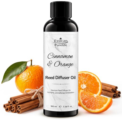 Essican Purelife Cinnamon & Orange Reed Diffuser Oil Refill, 100ml | Luxury Oil Diffuser Refills, Citrus, Spiced, for Home Office or Car, Gentle Room Fragrance, Aromatherapy, Long-Lasting Scent