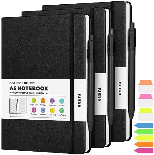 OMEYA Lined Journal Notebook, 3 Pack A5 College Ruled Notebooks for Work, Hardcover Notebook Each with 2 Pockets & Pen, Leather Journal for Women, Men, 160 Pages, 100GSM Thick Paper (Black)