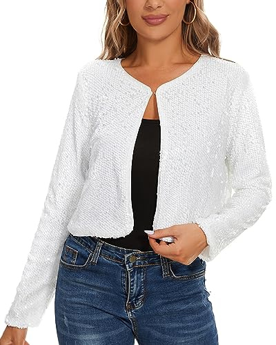 MINTLIMIT Strickbolero Damen Offene Pailletten Cardigan Metallic Langarm Bolero Elegant (Weiß S)