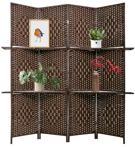 PayLessHere Room Divider 4 Panel Room Screen Divider Wooden Screen Folding Portable Partition Screen Wood with Removable Storage Shelves Color, Brown