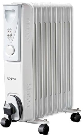 YOEVU | Radiador de aceite | 2000W, blanco, 9 elementos | Termostato regulable, 3 niveles de potencia, ruedas EasyGo, sistema de seguridad | Calefacción eficiente y bajo consumo