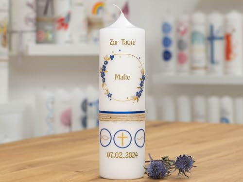 meinkerzenshop Taufkerze MALTE personalisiert mit Name und Datum, individuell und mit Echtwachs handverziert für Junge und Mädchen
