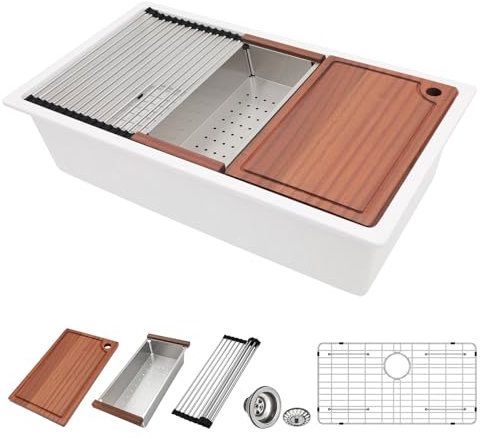 Lavello da cucina in granito composito 30 – Donsdey 76 cm bianco lavello da cucina sottopiano sporgenza stazione di lavoro granito quarzo composito sotto il bancone lavabo singolo lavabo bianco