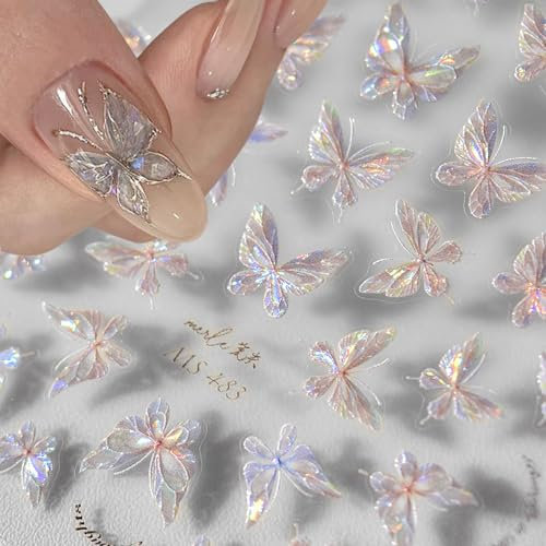 Glänzend Aurora Shell Schmetterling Nagelsticker Selbstklebend,Erleichterung Schmetterlinge Nail Sticker Rosa Laser Schmetterling Nagelaufkleber Für Frauen Nageldesign Zubehör Nagel Zubehör Nail Art