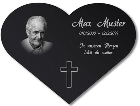 Paule Black Personalisierter Herz Grabschmuck Foto Gravur - Acrylglas Schwarz Hochglanz 200 x 150 mm - wetterfest und wasserfest für Draußen und Innen, für Opa, Oma, Mama, Papa und andere Verstorbene