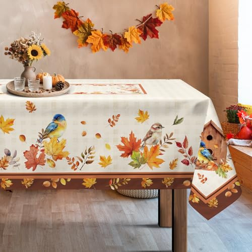 Arquiel Fall Maple Leaves Tablecloth Waterproof, Autumn Birds Table Cloth Rectangle Stain Resistant, Washable Table Cover for Thanksgiving Kitchen Dining Party Decoration (152*213cm) | Washable Reusable Water Resistant Table Cloth with Maple Leaf and Bird Print for Thanksgiving Dining, Kitchen, Party, Decor