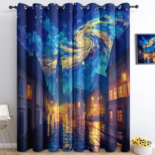 Cortinas Cuadro Al Óleo Ciudad Bajo El Cielo Estrellado 117An x 138Al cm (2 Paneles) Vistoso, Cortinas con Estampados con Aislamiento Térmico, Cortinas Opacas con Ojales para Dormitorio