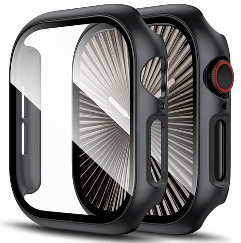 LK 2 Pack Hard Case for Apple Watch Series 11/10 46mm, Built-in 9H Tempered Glass Screen Protector, Overall Protective Cover, HD Clear High Sensitivity, Cover for iWatch 11/10 46mm-black