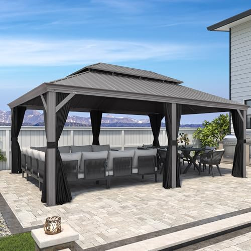 PURPLE LEAF Tonnelle de Jardin Exterieur 4,25 x 6 m, Tonnelle en Aluminium à Double Toit, Pergola Imperméable Tente de Réception avec Moustiquaire et Rideaux pour Camping, Fête, Barbecue, Gris Clair