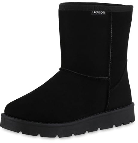 VAN HILL Damen Winter Boots Flach Profilsohle Bequem Schuhe 216556 Schwarz Robust 37