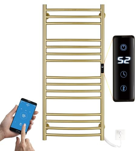 ESOP Radiador Toallero Eléctrico Baño Oro Cepillado 185 W Radiador Calienta Toallas de Toallero, 1100 x 600 mm 15 Varilla Curva WiFi Inteligente de Temperatura Constante Toallero Calentado para Baño