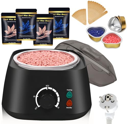 Wachswärmer Wachs Haarentfernung,Waxing Wachswärmer set,wachswärmer gerät,mit 400g Waxing Perlen,5 Pappbecher,20 Holzspateln,für Augenbraue, Achselhöhle, Körper, Beine, Gesicht （Schwarz）