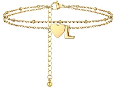 PROSTEEL Pulsera Tobillera Mujer Dorado Doble Capas con Corazón Letra Inicial A-Z Pulseras de Tobillo Acero Inoxidable Joyas de Mujer Chica para Verano Playa 22cm+5cm