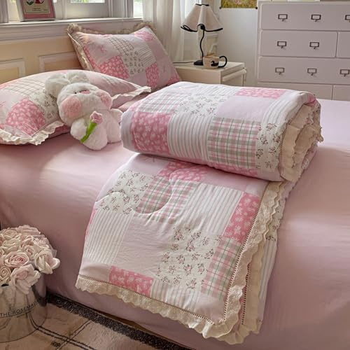 Odot Trapunta Piumino Estivo Reversibile, 4,5 Tog Cotone Trapuntino Copriletto Leggera Primaverile Coperta Trapuntatura Morbido per Letto Matrimoniale (Patchwork rosa,150 * 200cm)