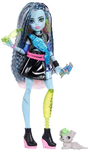 Monster High Doll, Frankie Stein in Cropped Sweater and Black Pleather Skirt with Pet Dog Watzie and 7 Accessories Like Earphones, Belt Bag and Snacks