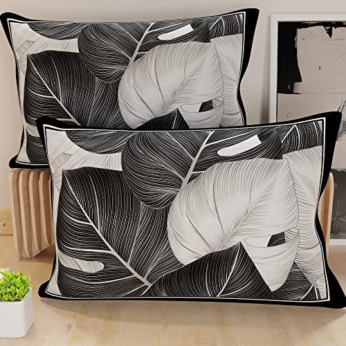 PETTI Artigiani Italiani - Par de Fundas de Almohada 40x70 cm, Pareja de Funda de Cojín Hojas Negro, 100% Microfibra Hipoalergénica, Paquete de 2, Made in Italy