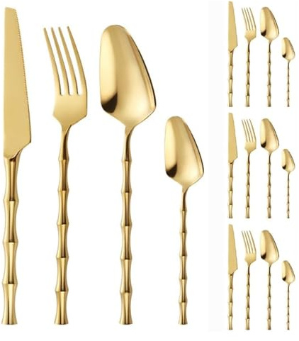 CRBUDY Ensemble de Couverts en Imitation Bambou avec Manche en nœud, Couverts en Acier Inoxydable avec Couteau à Steak, Fourchette, cuillère à café, Or et Argent, 4 pièces et 16 pièces (Or 16 pièces)