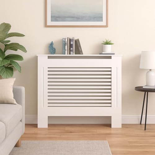 83 cm Tall No-Drill White Wooden Radiator Cover with Drawers & Shelf – Paintable MDF Heater Cabinet with Horizontal Slats, No-Drill Radiator Table for Home Office Furniture
