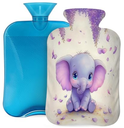 Tangopi Hot Water Bottle with Soft Cover 2L Leakproof PVC Hot Water Bag for Pain Relief, Period Cramps, Hand Feet Warmer, Ideal Gift for Women & Men (Baby Elephant Purple Flower)