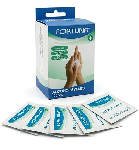 Fortuna Alcohol Swabs 100pcs – Antiseptic Wipes with 70% Isopropyl Alcohol | Individually Wrapped Sterile Pads for Skin Cleansing, First Aid, Wound Care & Pre-Injection Use