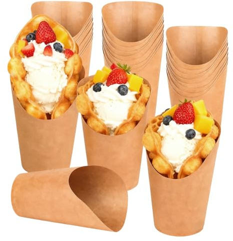 Bubble Waffeleisen Tüten, 50 Stück Kraftpapierbecher Pommes Tüten 12OZ | Pommesbecher Pommestüte Snacktüten Pappbecher mit Schrägem Mund für Alle Arten Von Partys