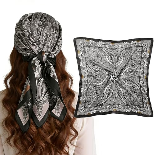 KRENIE Silk Head Scarf Bandanas for Women – 70 x 70 cm Square Satin Neck Scarf – Soft Lightweight Bandana for Hair, Neck & Bag Styling – Classic Ladies Fashion Accessory (Black)
