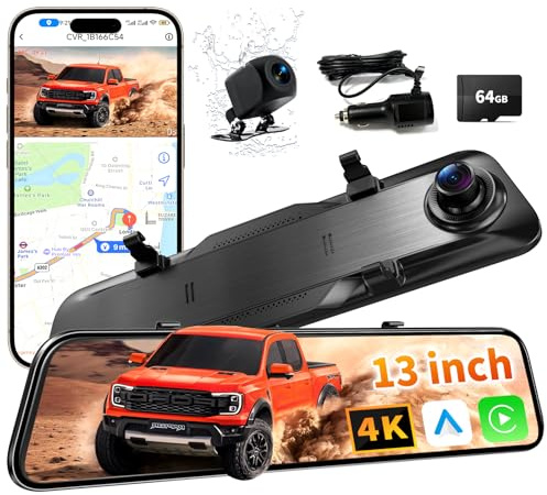 2026 Ultrawide 13’’ 4K Rear View Mirror Camera with Carplay&Android Auto, 5.8GHz WiFi Smart Rearview Mirror with Voice Control/Split Screen, 64GB Card Included,Reverse Assist/Loop Record/G-Sensor