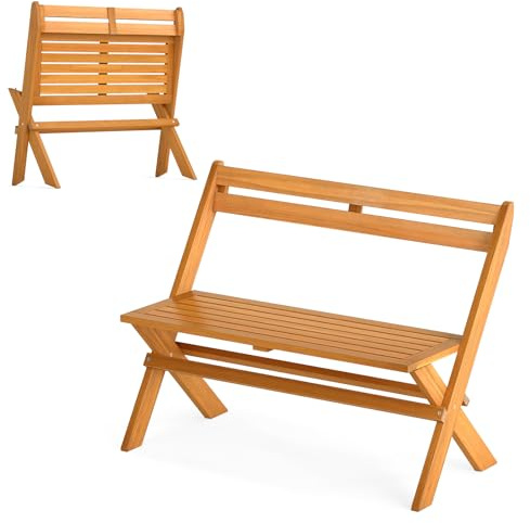 DREAMADE klappbare Gartenbank für 2 Personen, Parkbank wetterfest aus Akazienholz, Garten Holzbank Outdoor 360 kg belastbar, Sitzbank für Balkon, Terrasse & Garten, 105 x 56 x 80 cm, Braun
