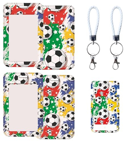2 tarjeteros de ABS con temática de fútbol, estuche deslizante para credenciales y tarjetas, con cordón de cuero blanco, para la escuela, el transporte y el uso diario.