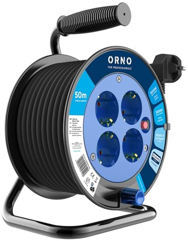 Miratic Carrete Enrollador de Cable | Alargador Enchufe con 4 Tomas Schuko 2P+T | H05VV-F 3x1,5 mm² PVC | Protección Térmica contra Sobrecargas | IP20 Uso Interior (50 metros)