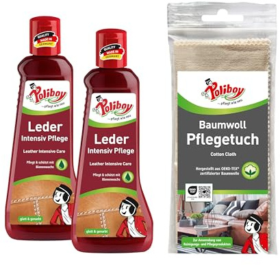 POLIBOY Leder Intensiv Pflege - Farblose Lederpflegecreme für Glattleder - 2x 200ml - Mit Baumwolltuch - Made in Germany