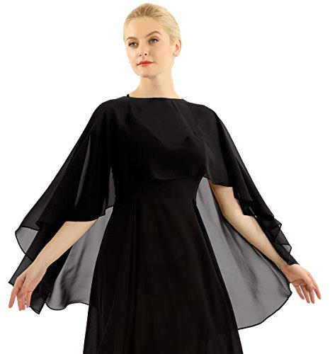 TiaoBug Damen Chiffon Stola Schal Poncho Vorne Kurz Hintern Lang Umhang Cape asymmetrisches Oberteil über festliche Kleider Brautkleid Accessoire Schwarz Einheitsgröße
