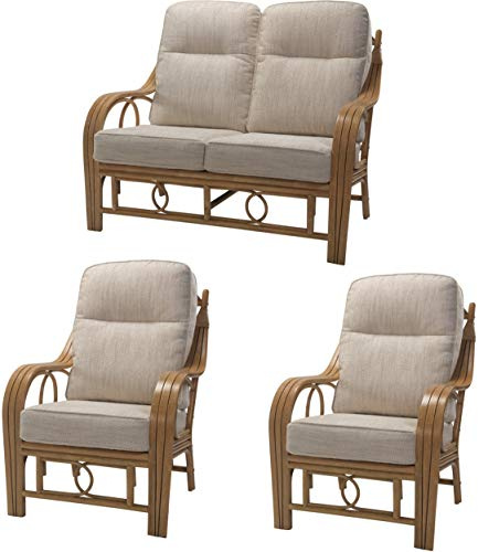Desser Madrid Light Oak Fully Assembled Cane Conservatory Furniture Set – 2 Seater Sofa & 2x Armchair Suite - Luxury Natural Rattan Indoor Furniture with UK Made Cushions in Jasper Fabric