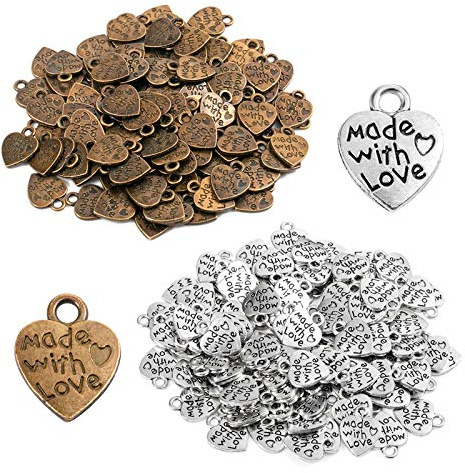 200 Stück Antique Herz Charm Made with Love Charm Anhänger Handmade knöpfe Metall Label Hand Made DIY Handwerk Schmuck Herstellung Zubehör Basteln Dekorationen Silber + Kupfer Color